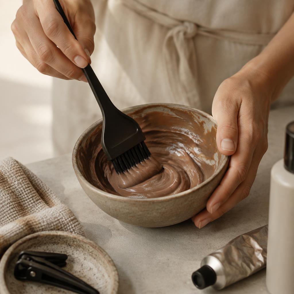 Hands mixing hair colour in a ceramic bowl