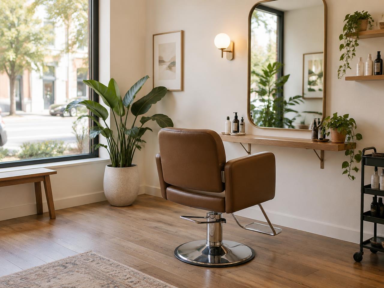 The studio: one chair by a large window, wood floor, plants