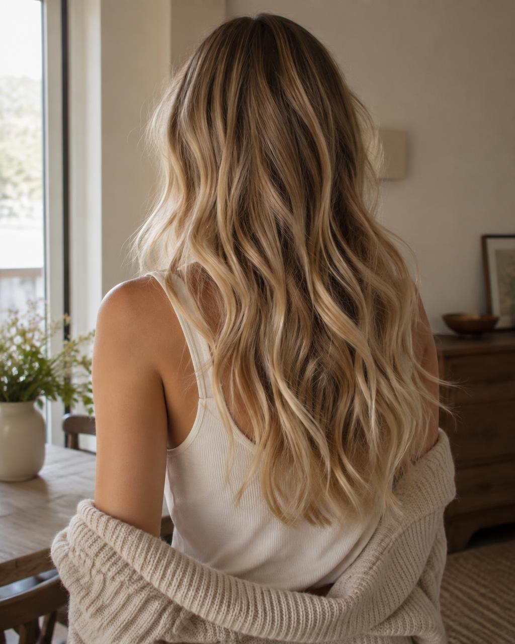 Soft lived-in blonde balayage, long waves
