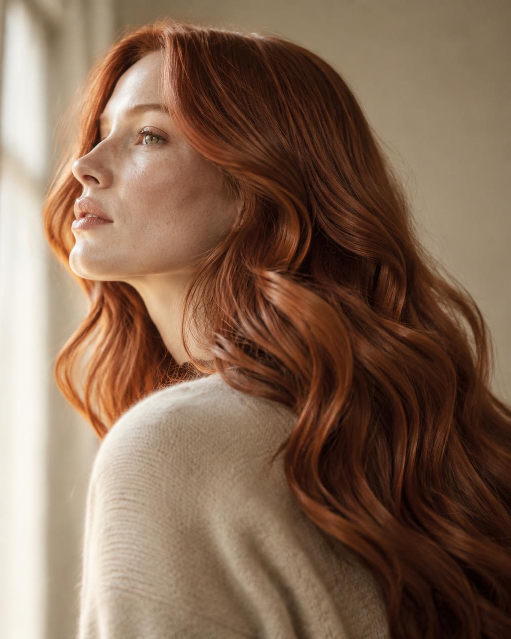 Glossy copper red hair in natural light