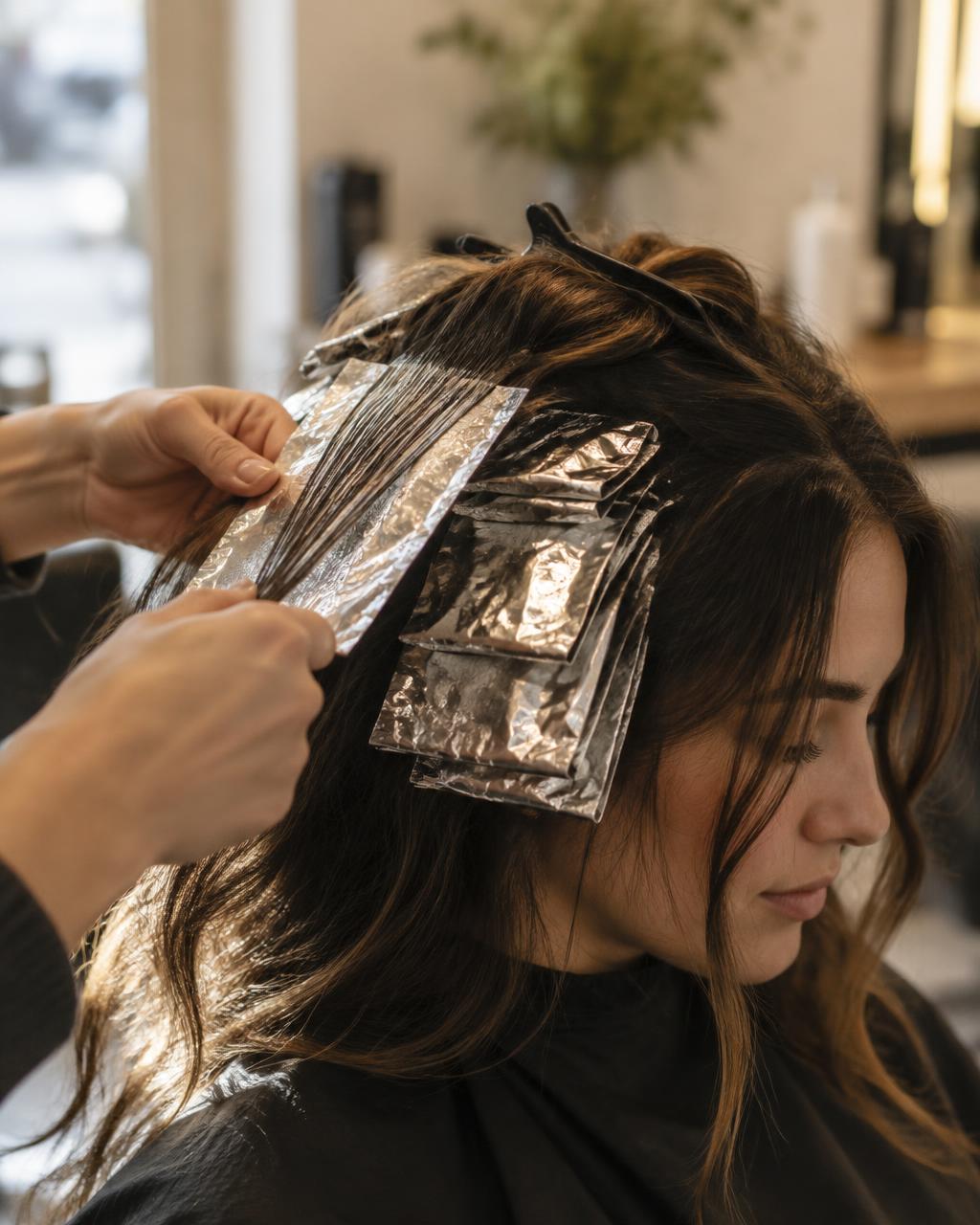 Foils in brunette hair during a colour service